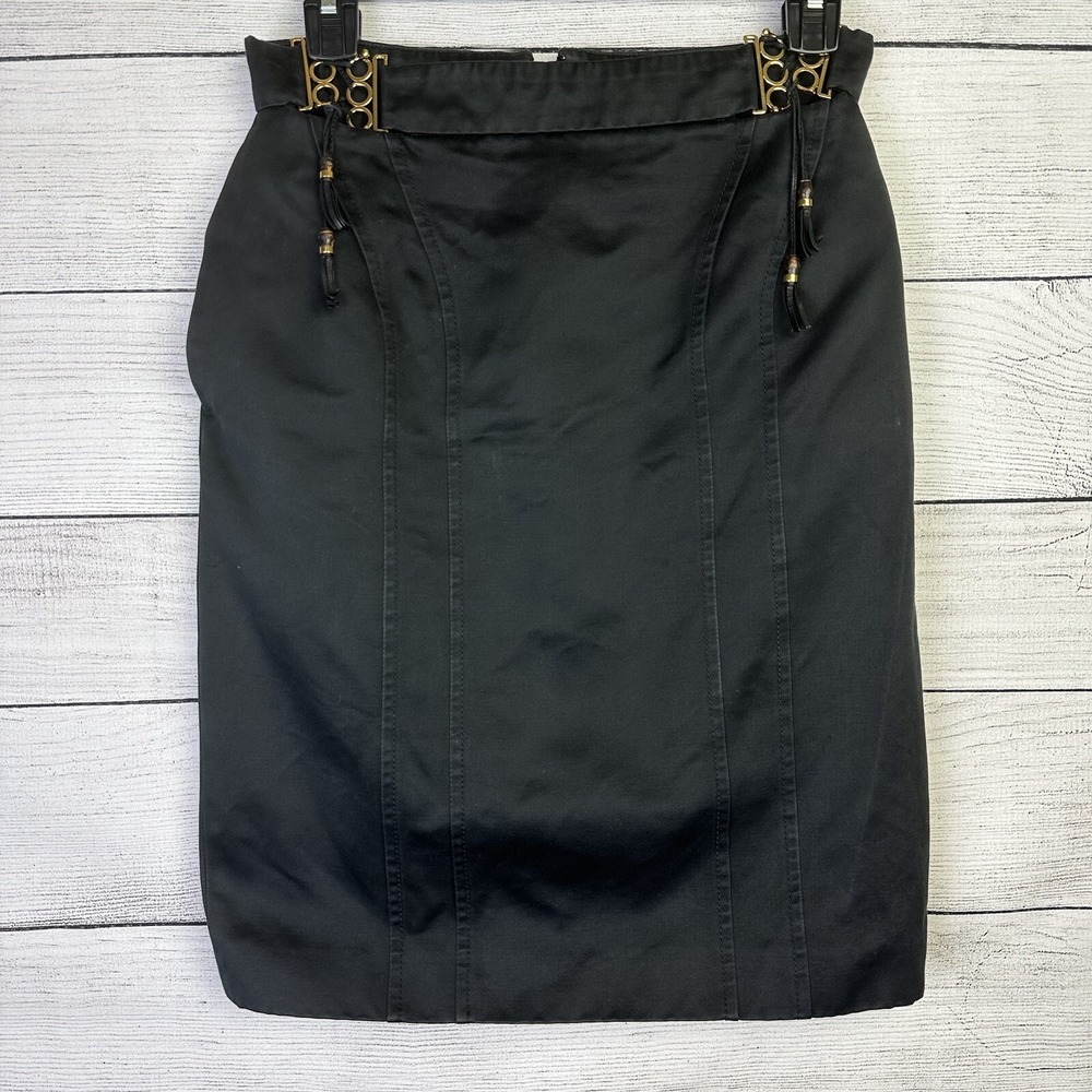 GUCCI Black Pencil Skirt‎ Gold Buckle Leather Tassels Women's US 4 Career